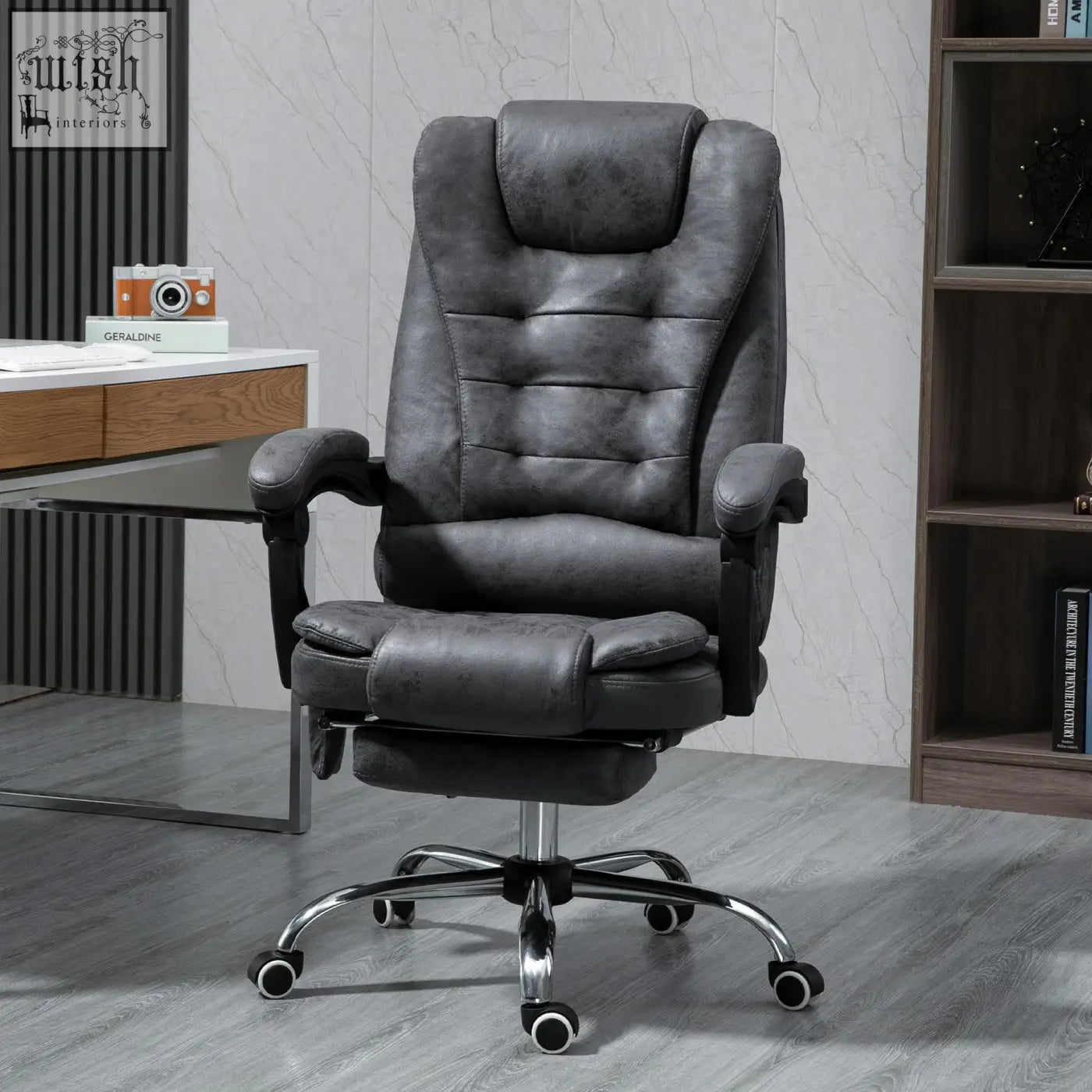 Vinsetto heated dark grey leather massage office chair with high back padded armrests and footrest on chrome base