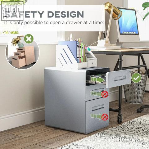 Gray metal two-drawer filing cabinet with safety design and two keys included for secure office file storage