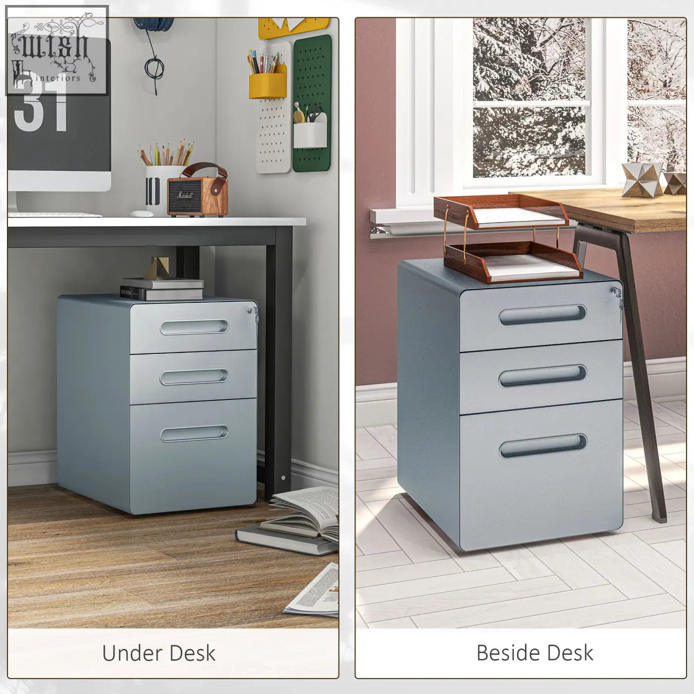 Light gray metal filing cabinet with three drawers two small silver handles and two keys included for secure storage