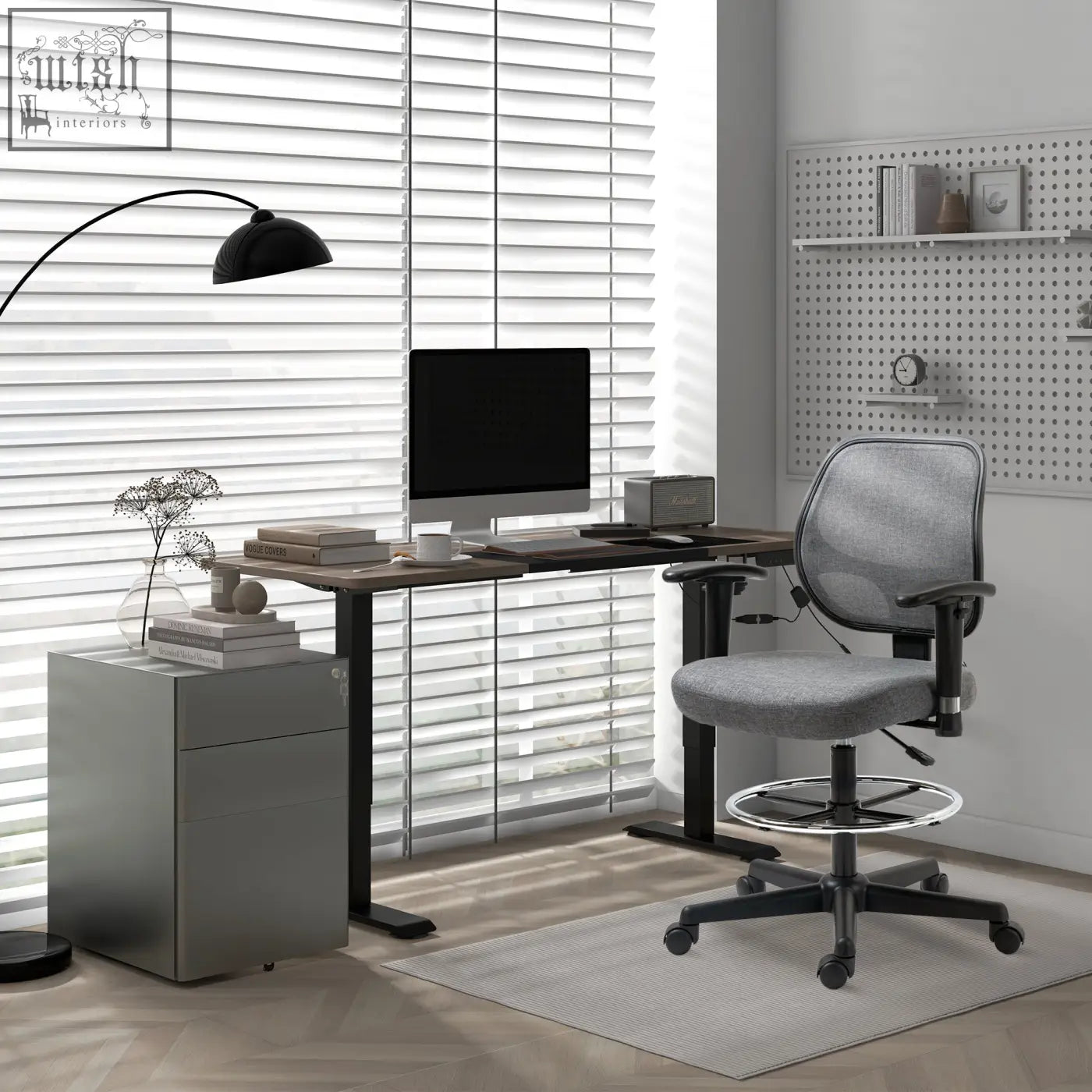 Gray mesh office chair with black metal frame and casters next to vinsetto rolling filing cabinet with 3 drawers features two small drawers