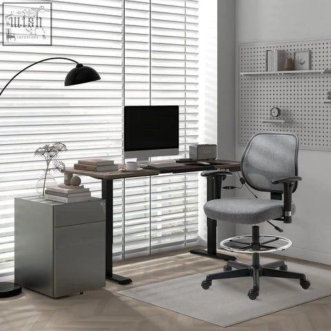 Gray mesh office chair with black metal frame and casters next to vinsetto rolling filing cabinet with 3 drawers features two small drawers