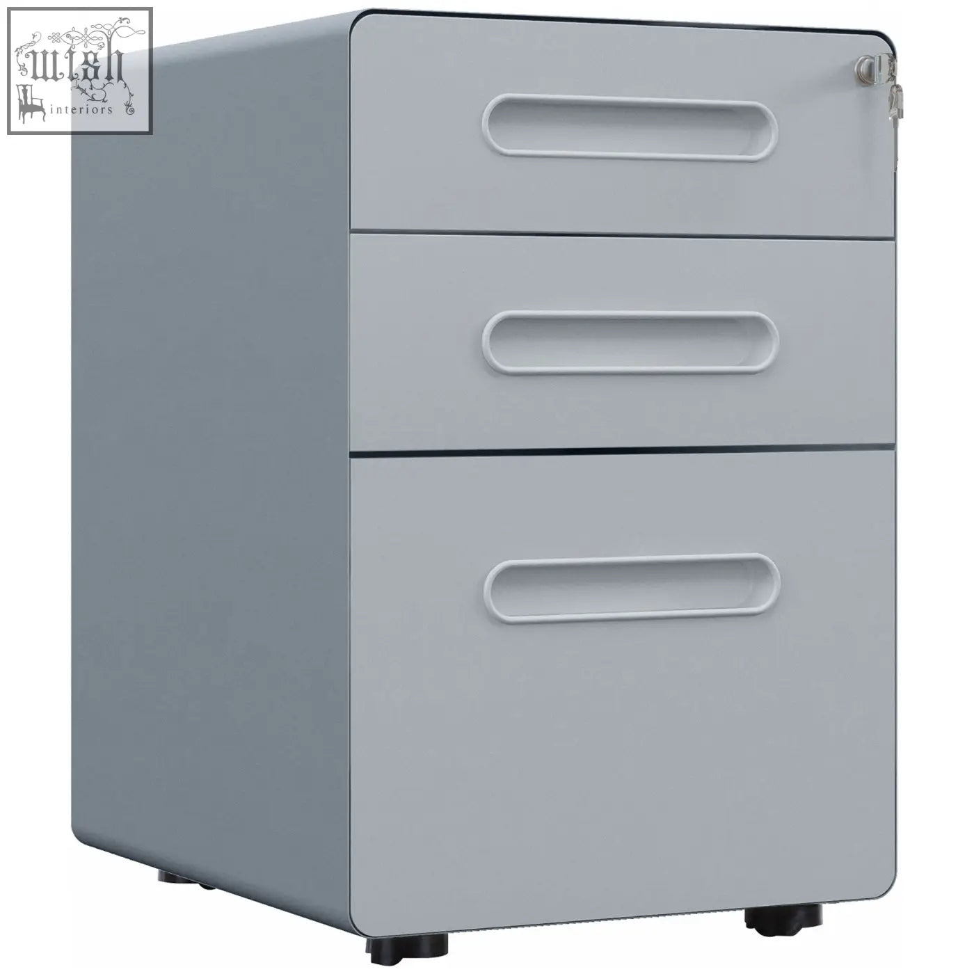 Gray vinsetto lockable steel filing cabinet with three drawers two keys included and black caster wheels for office use