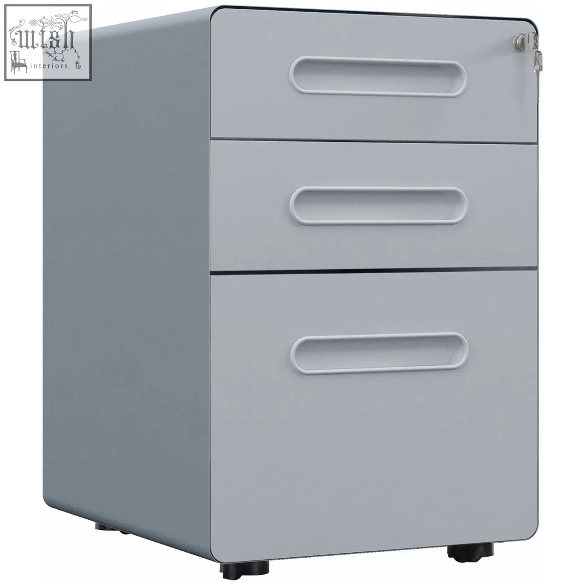 Gray vinsetto lockable steel filing cabinet with three drawers two keys included and black caster wheels for office use