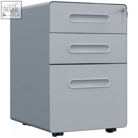 Gray vinsetto lockable steel filing cabinet with three drawers two keys included and black caster wheels for office use