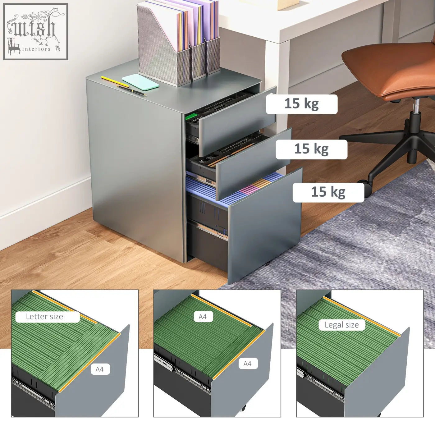 Gray vinsetto lockable filing cabinet features two small steel drawers for letter a4 and legal size paper storage