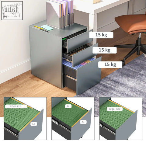 Gray vinsetto lockable filing cabinet features two small steel drawers for letter a4 and legal size paper storage