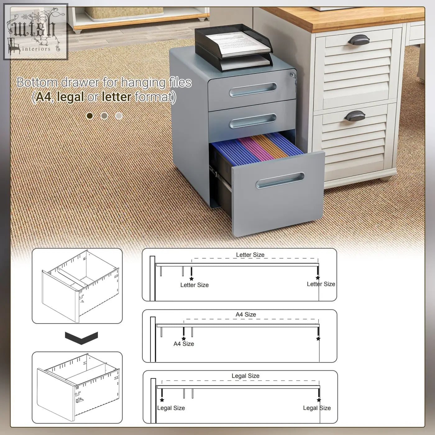 Gray metal vinsetto filing cabinet with three drawers one open showing colorful hanging files and two keys included