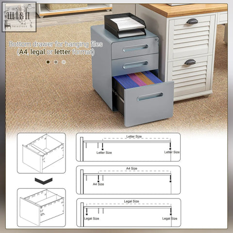 Gray metal vinsetto filing cabinet with three drawers one open showing colorful hanging files and two keys included