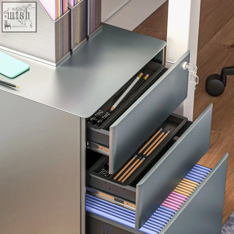 Gray metal vinsetto filing cabinet features three drawers with organized office supplies lockable steel unit