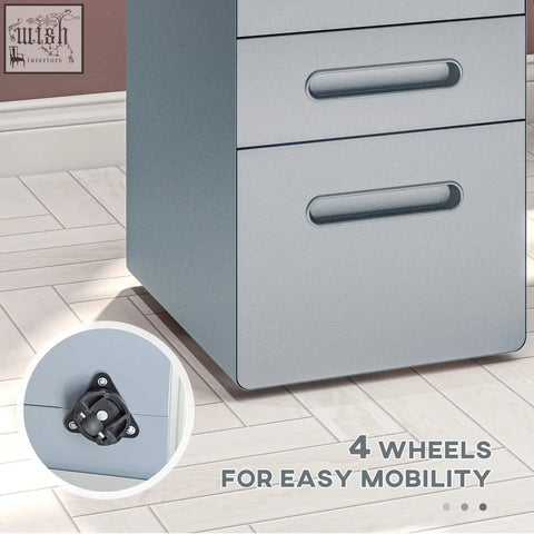 Vinsetto lockable gray metal filing cabinet with three drawers two keys included and black caster wheels for office use