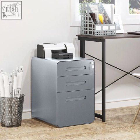 Gray metal vinsetto filing cabinet with three lockable drawers two keys included steel office drawer unit