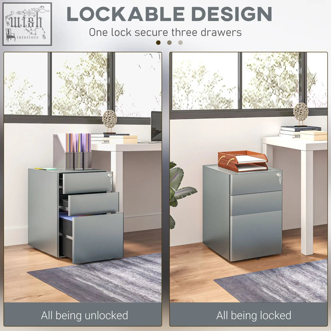Gray metal filing cabinet with three lockable drawers features two small wheels for easy rolling and steel construction