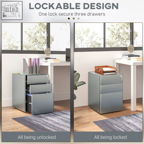 Gray metal filing cabinet with three lockable drawers features two small wheels for easy rolling and steel construction