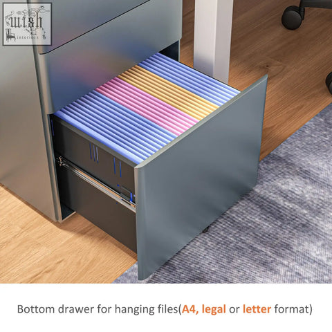Gray metal vinsetto lockable filing cabinet with three drawers features two small drawers and colorful hanging files