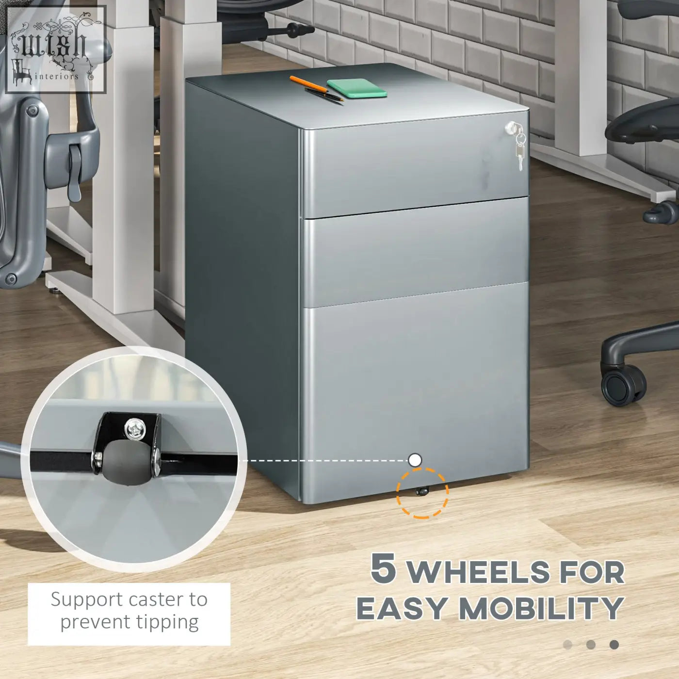 Silver vinsetto lockable filing cabinet with three drawers steel mobile unit features two small drawers on five wheels