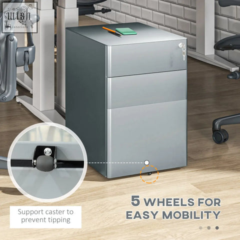 Silver vinsetto lockable filing cabinet with three drawers steel mobile unit features two small drawers on five wheels