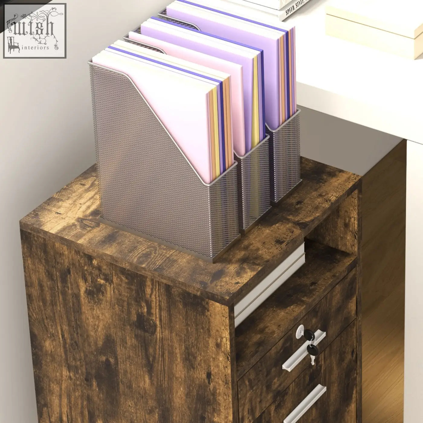 Vinsetto lockable two-drawer wood-effect filing cabinet with wheels and metal mesh file organizer holding colorful folders