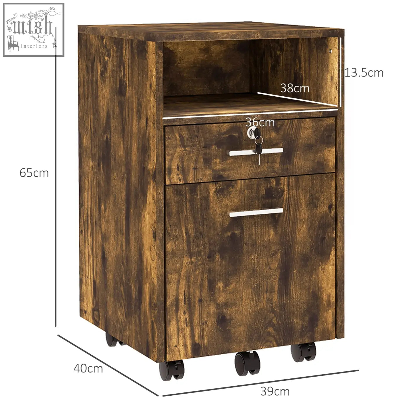 Vinsetto lockable two-drawer filing cabinet with wood-effect finish, rustic brown color, storage space, and wheels 31w x 32d