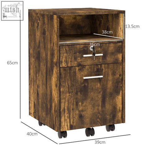 Vinsetto lockable two-drawer filing cabinet with wood-effect finish, rustic brown color, storage space, and wheels 31w x 32d