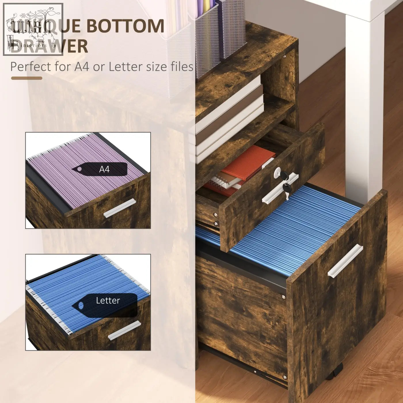 Vinsetto rustic brown wooden filing cabinet with lockable drawers and wheels for storage space 31w x 32d