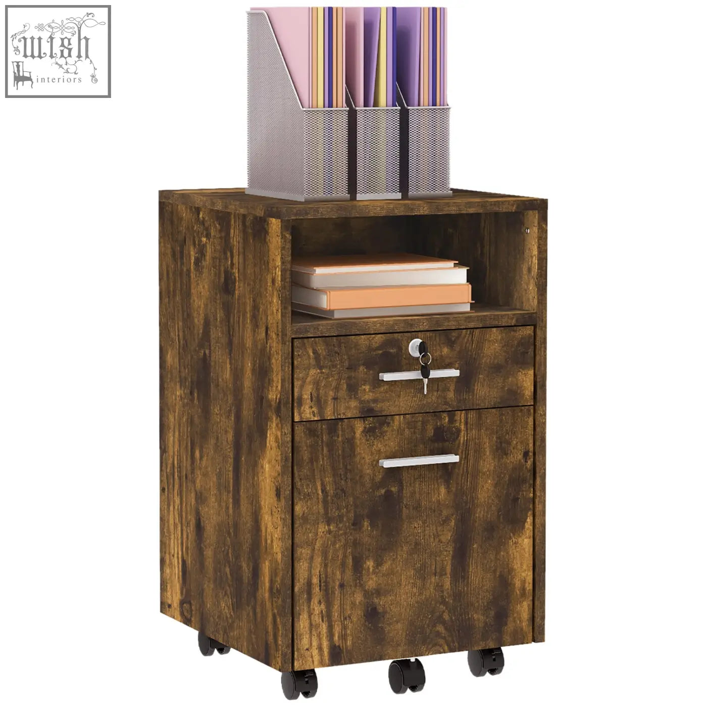 Rustic brown vinsetto filing cabinet with two drawers storage space wood-effect and black caster wheels 31w x 32d