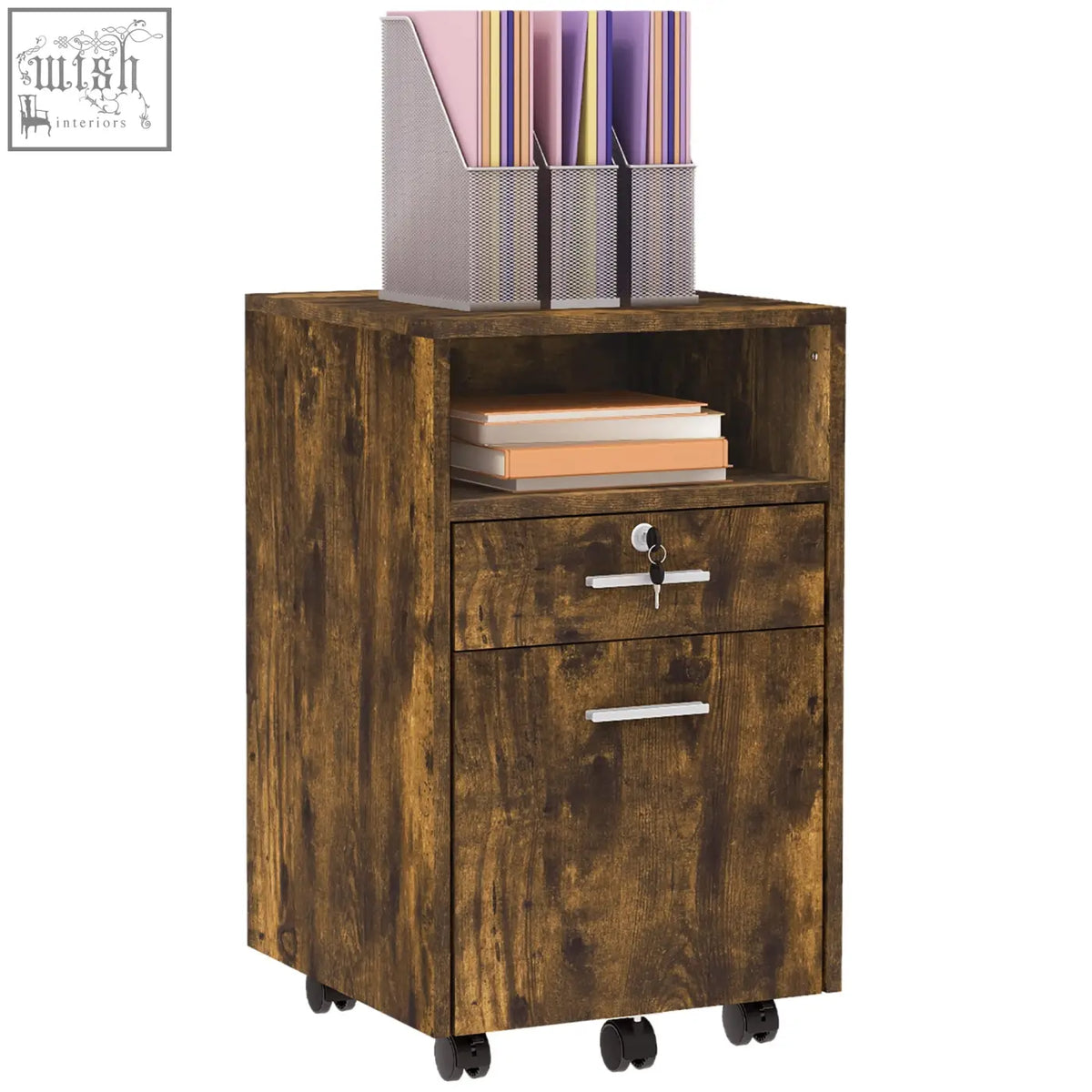 Rustic brown vinsetto filing cabinet with two drawers storage space wood-effect and black caster wheels 31w x 32d