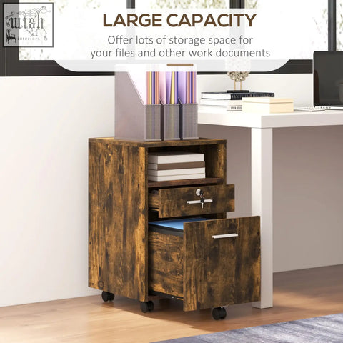 Rustic brown wood-effect vinsetto filing cabinet with two lockable drawers and black wheels for extra storage space 31w x 32d