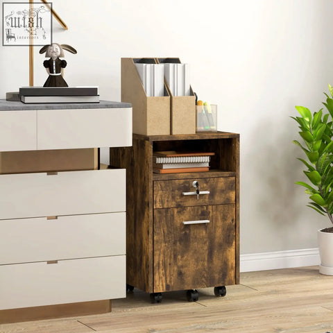 Rustic brown wood-effect filing cabinet with two lockable drawers and black wheels offers smart storage space 31w x 32d