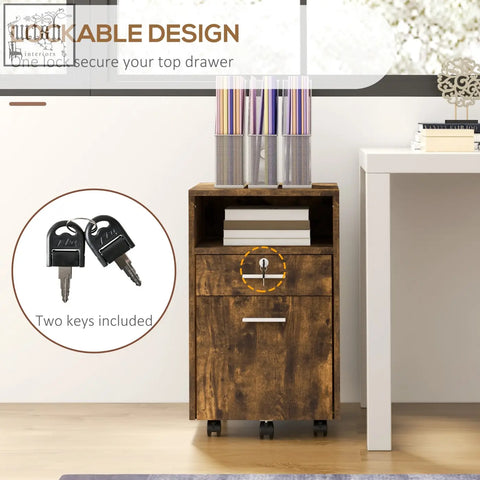 Rustic brown vinsetto lockable two-drawer filing cabinet with wheels wood-effect 31w x 32d storage space