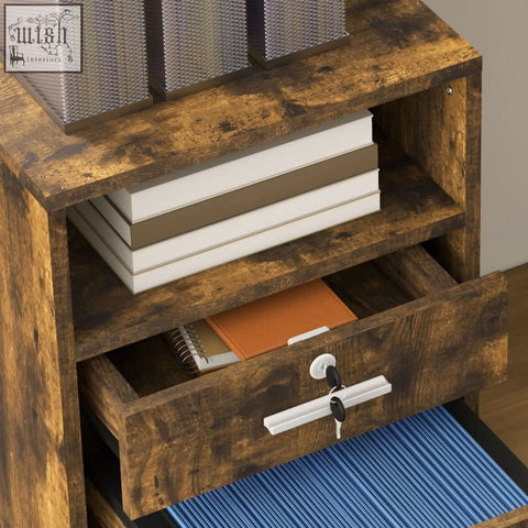 Rustic brown wood-effect vinsetto filing cabinet with lockable drawer, open shelves, and storage space 31w x 32d