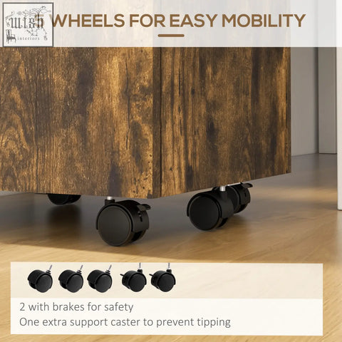 Black caster wheels with brakes on vinsetto wood-effect filing cabinet for easy mobility and secure storage space 31w x 32d