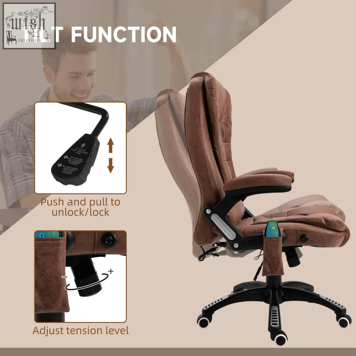 Brown leather office chair with black metal frame features six massage points and tilt function for office use