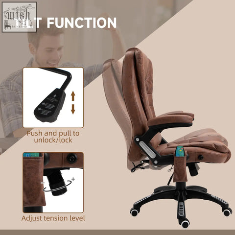 Brown leather office chair with black metal frame features six massage points and tilt function for office use