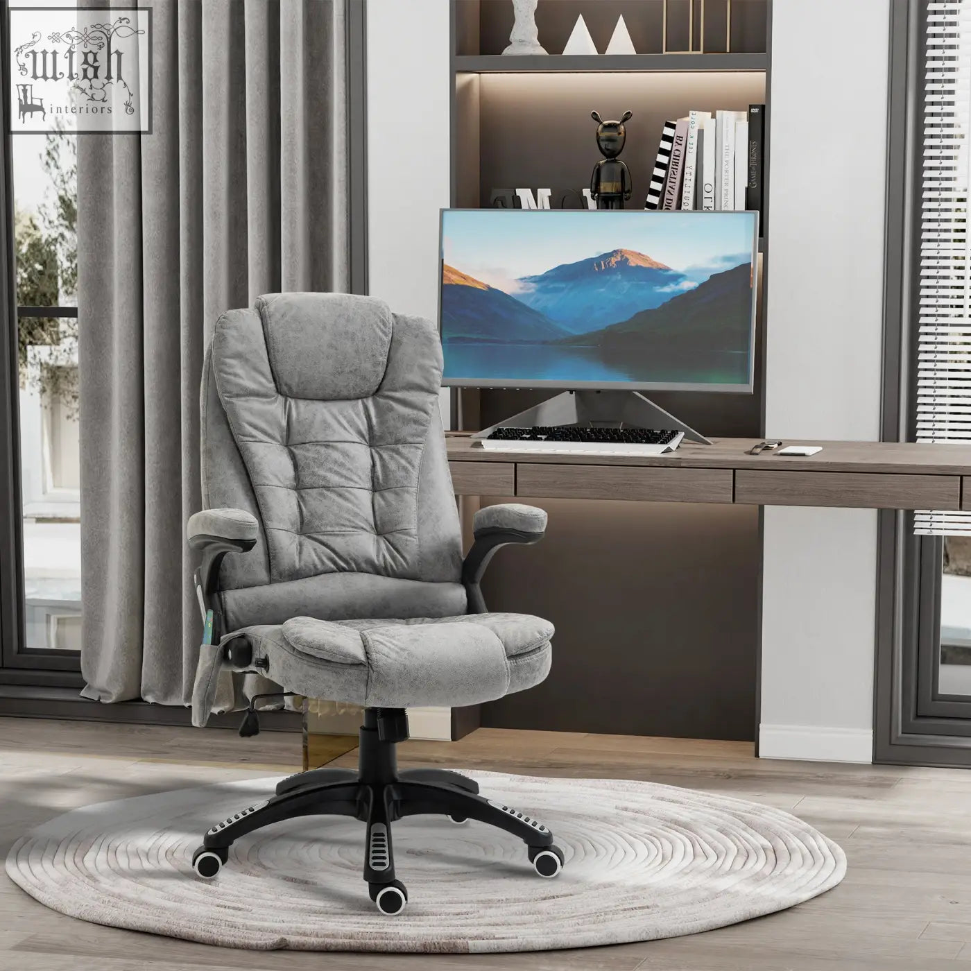 Gray plush reclining office chair with black base features six massage points microfiber cloth and 360 swivel wheels