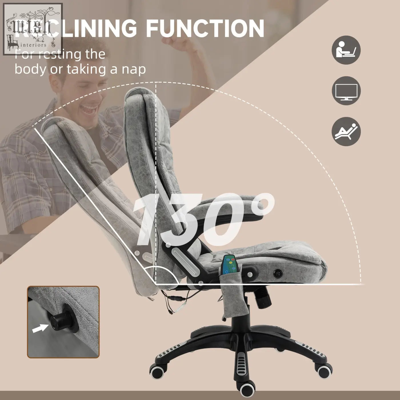 Vinsetto gray microfiber office chair features six massage points with 130-degree recline and black swivel base wheels