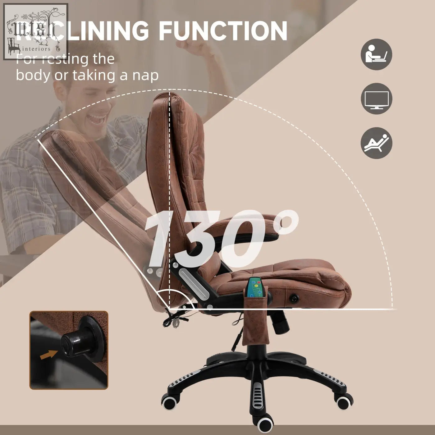 Brown leather vinsetto massage recliner chair featuring six massage points 130 degree tilt and black metal base