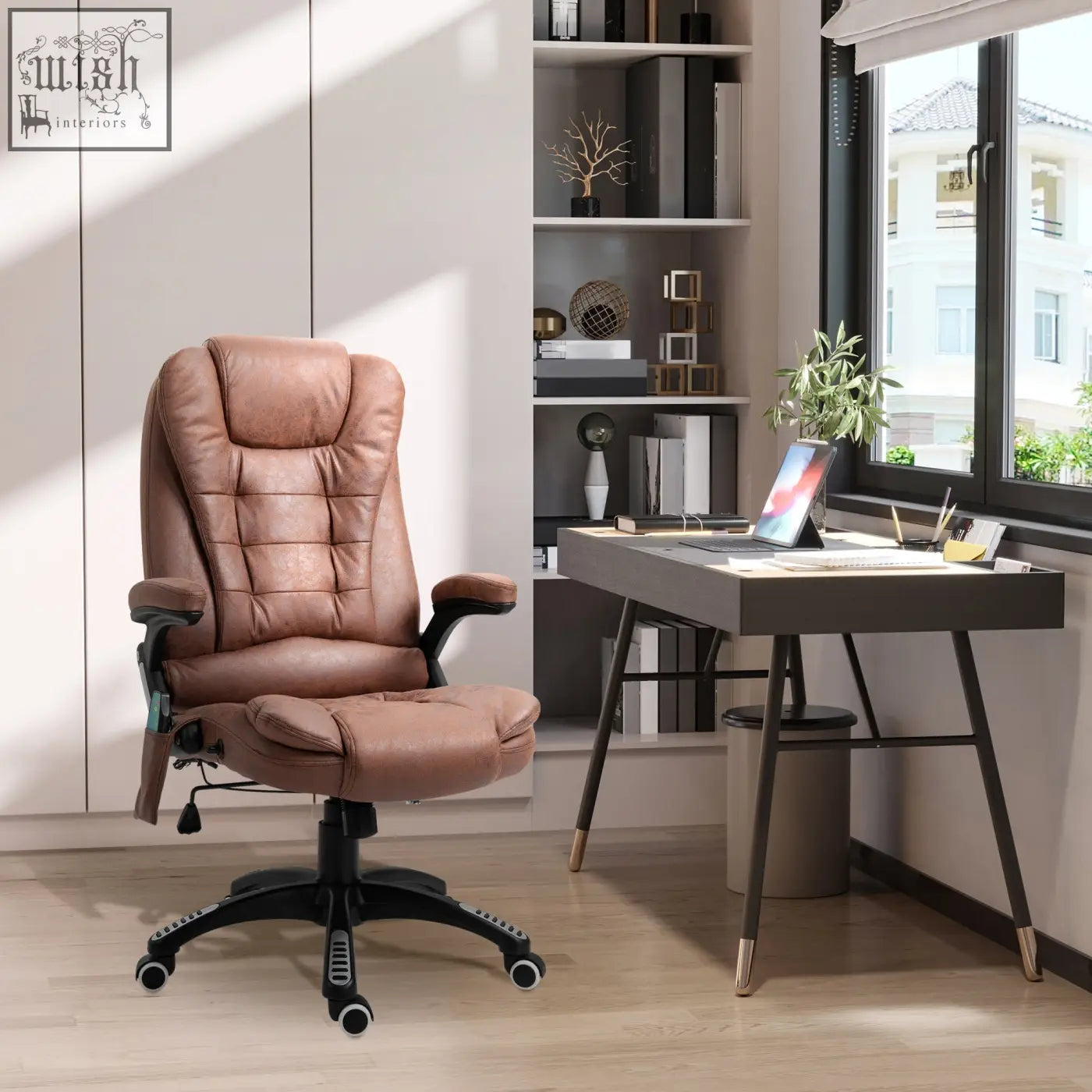 Brown leather office chair with tufted back and armrests features six massage points and a black swivel base with casters