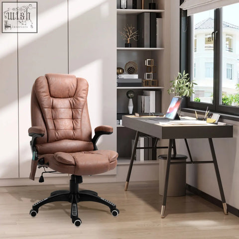 Brown leather office chair with tufted back and armrests features six massage points and a black swivel base with casters
