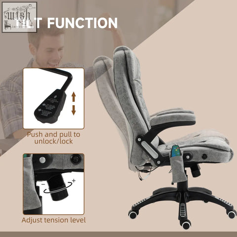 Gray upholstered vinsetto massage recliner chair with black metal frame features six massage points and 360 swivel wheels
