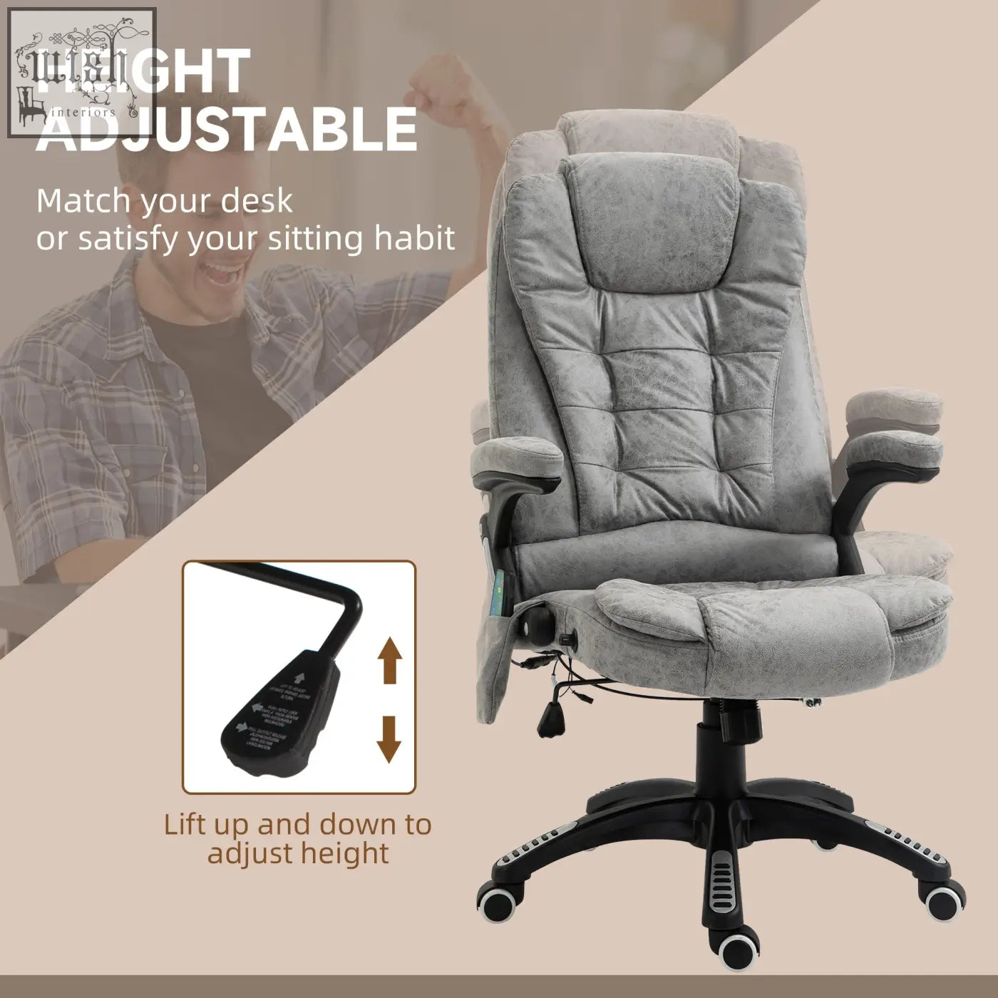 Gray plush microfiber vinsetto massage recliner chair features six massage points with adjustable height and swivel wheels
