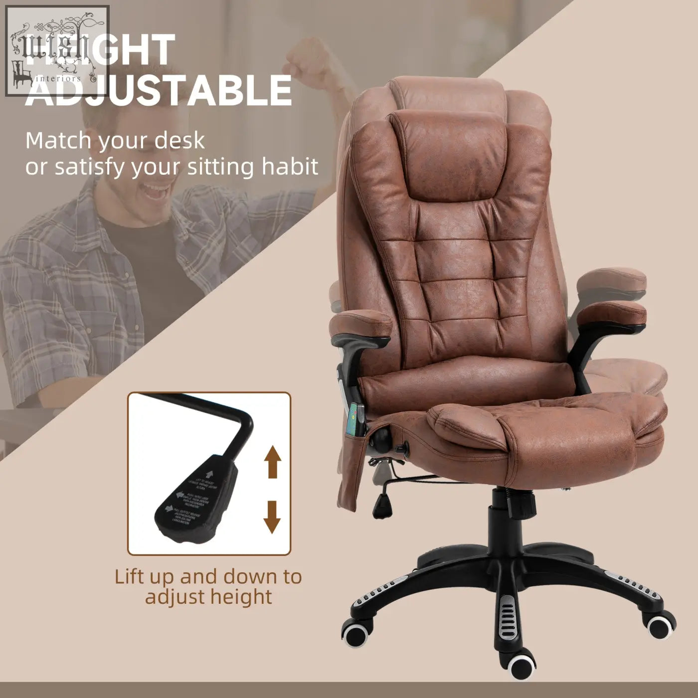 Brown leather vinsetto massage recliner chair features six massage points with height adjustable base and padded armrests
