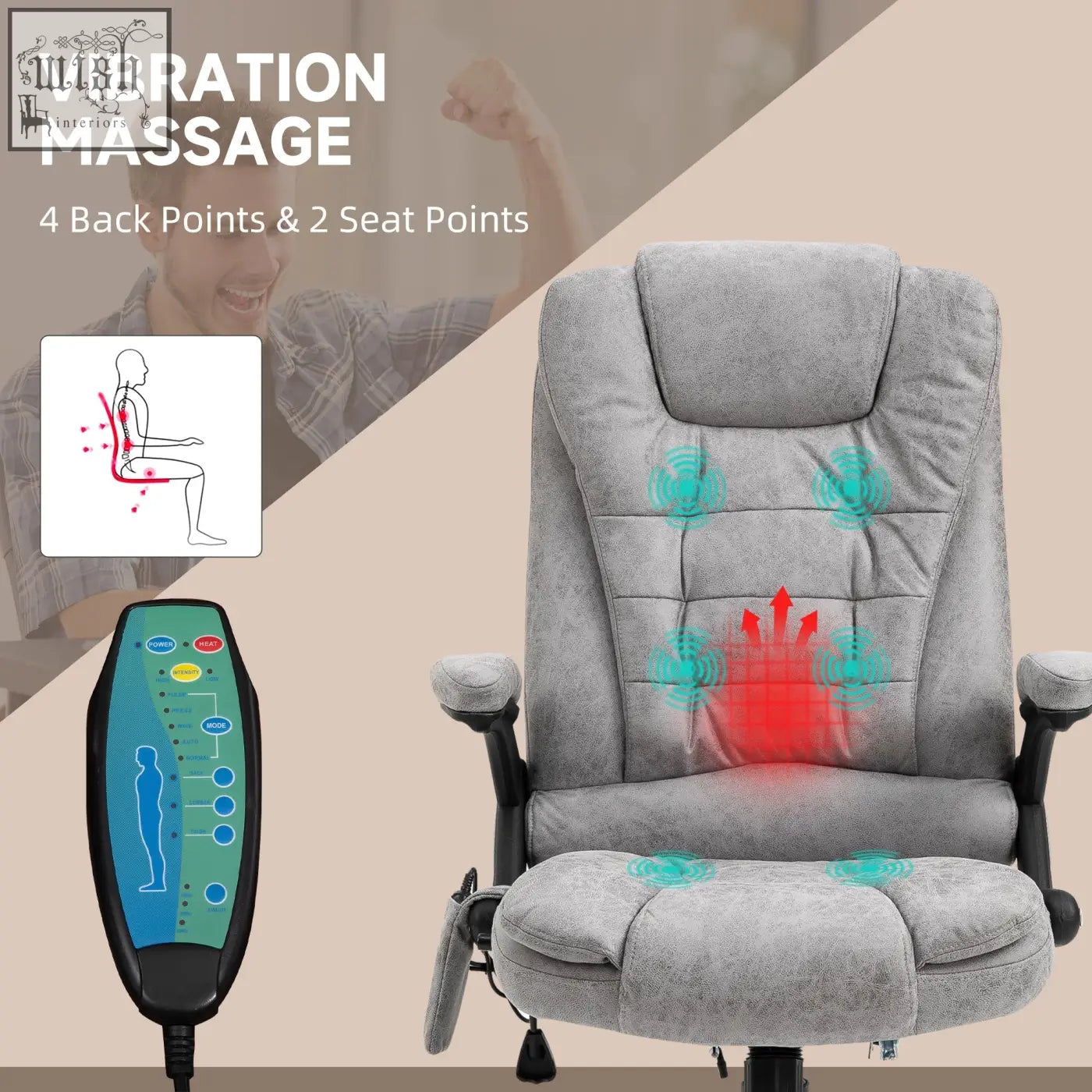Vinsetto gray microfiber office chair features six massage points with vibration and includes black remote control