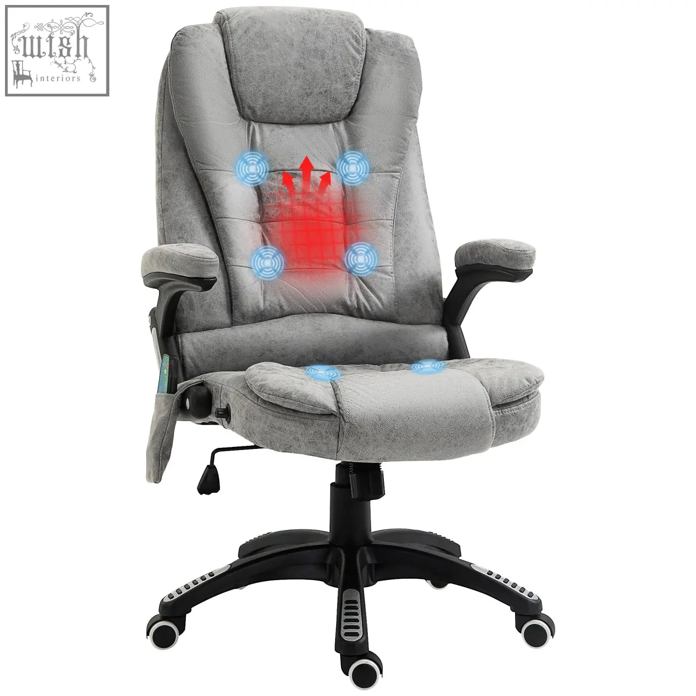 Gray vinsetto massage recliner chair with six massage points heated microfiber cloth and blue and red heating indicators on back