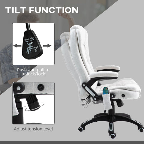 Vinsetto Massage Recliner Chair Heated Office Chair with Six Massage Points Linen-Feel Fabric 360\'c2\'b0 Swivel Wheels Cream White