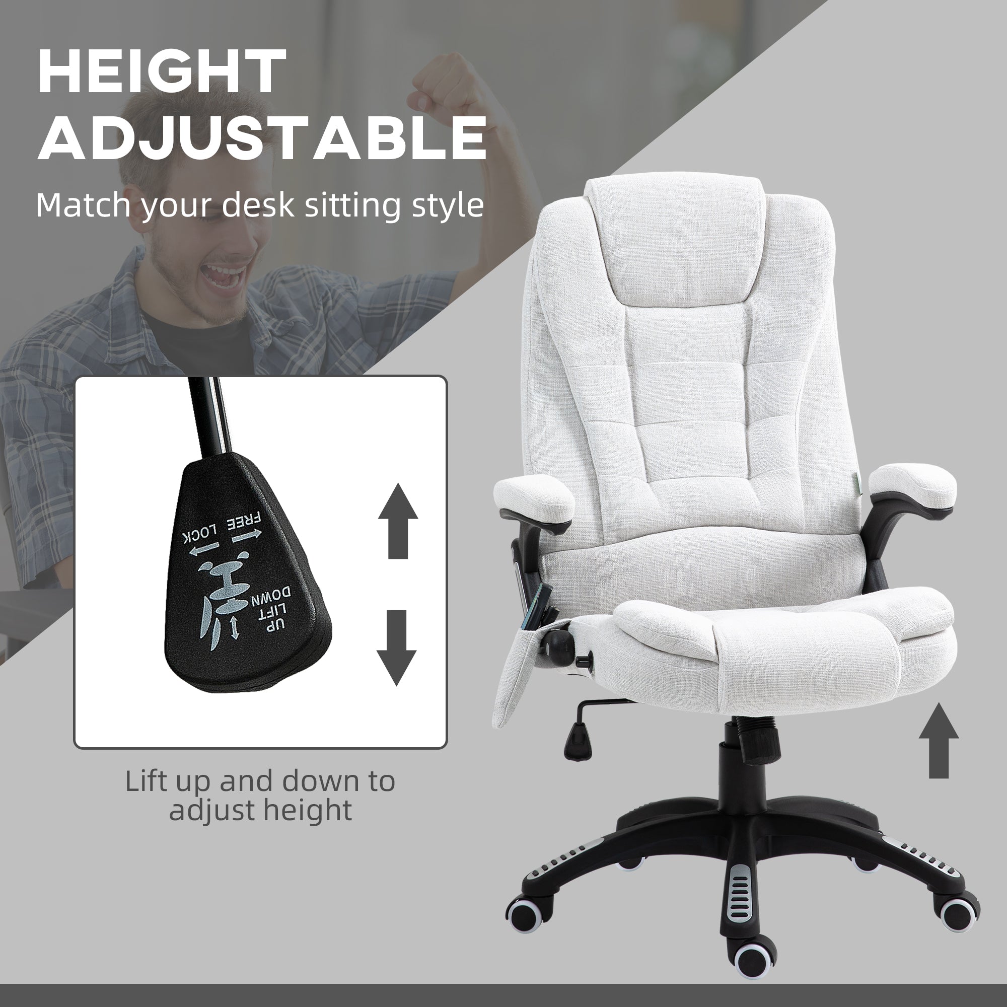 Vinsetto Massage Recliner Chair Heated Office Chair with Six Massage Points Linen-Feel Fabric 360\'c2\'b0 Swivel Wheels Cream White