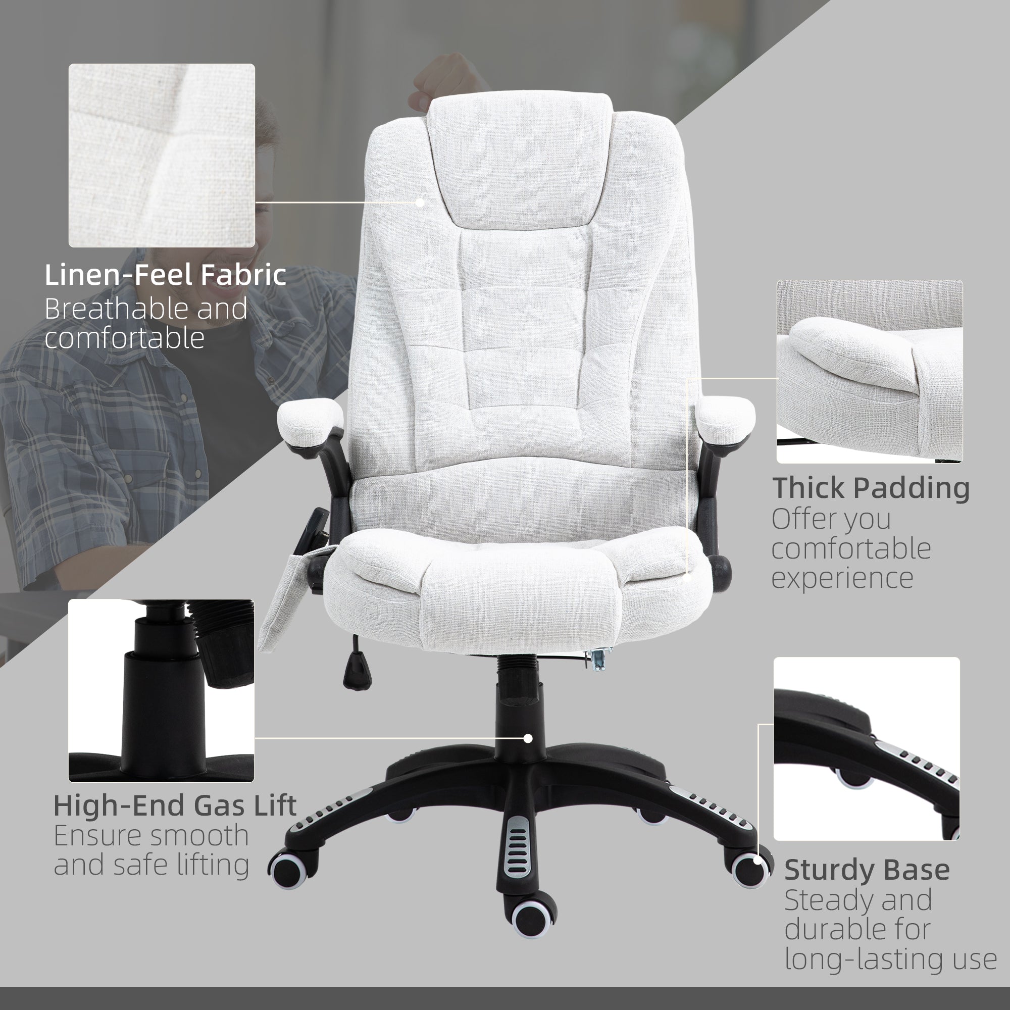 Vinsetto Massage Recliner Chair Heated Office Chair with Six Massage Points Linen-Feel Fabric 360\'c2\'b0 Swivel Wheels Cream White