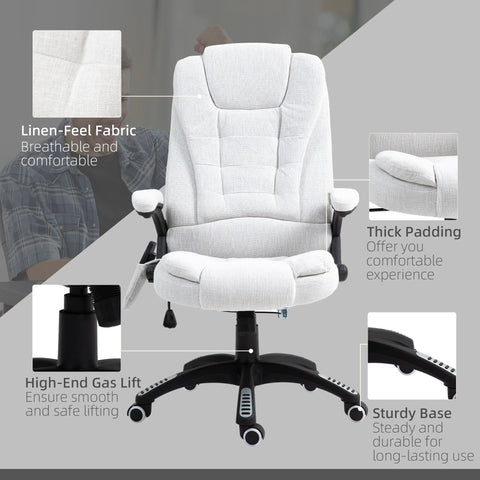 Vinsetto Massage Recliner Chair Heated Office Chair with Six Massage Points Linen-Feel Fabric 360\'c2\'b0 Swivel Wheels Cream White