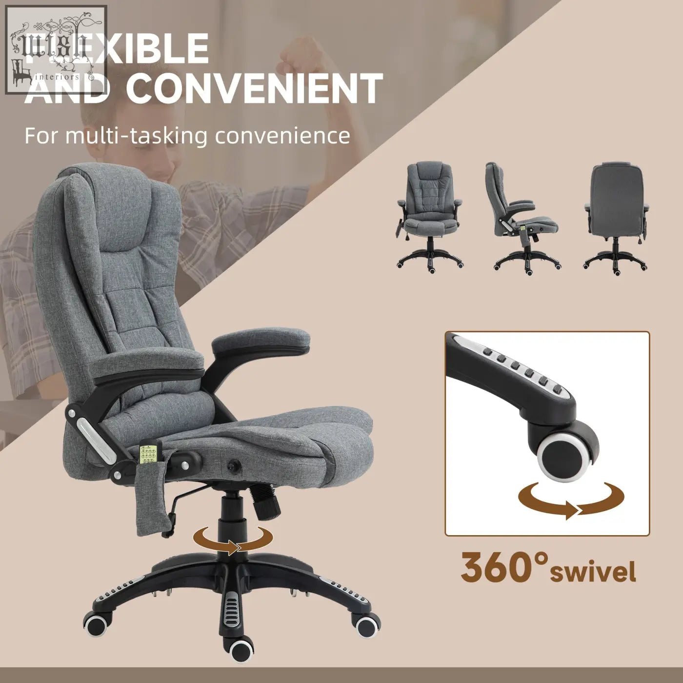 Gray vinsetto massage recliner chair with linen fabric features six massage points adjustable armrests and swivel wheels
