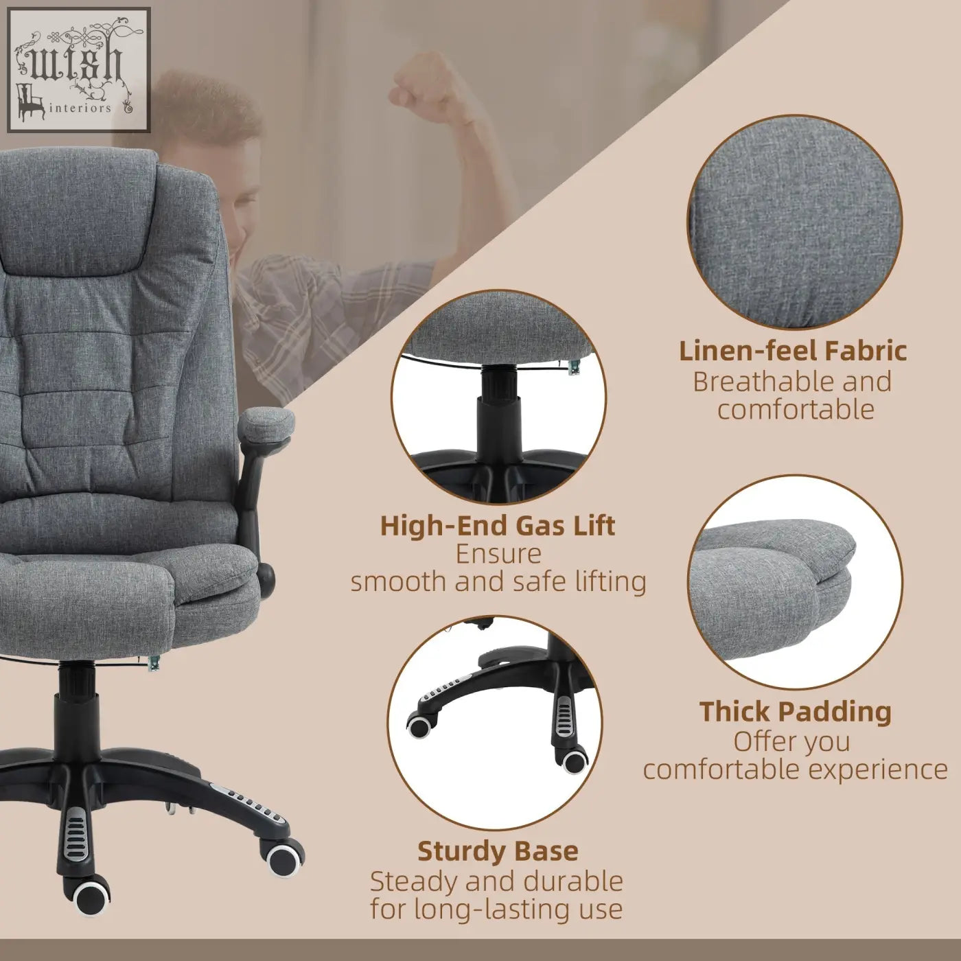 Gray linen-feel vinsetto massage recliner office chair features six massage points sturdy base and gas lift