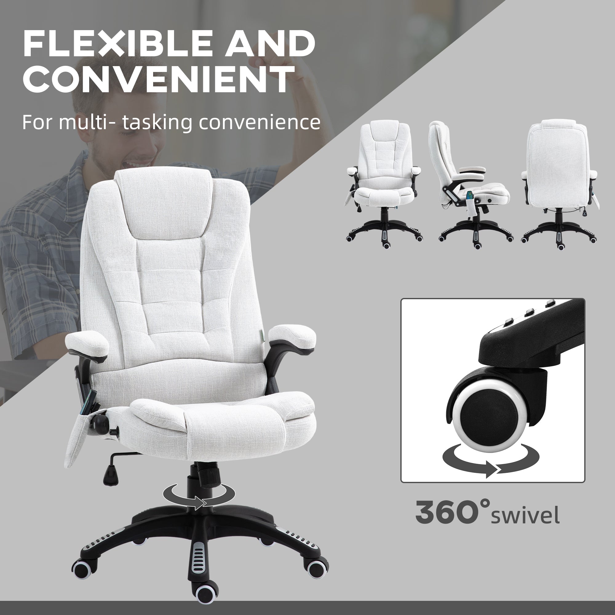 Vinsetto Massage Recliner Chair Heated Office Chair with Six Massage Points Linen-Feel Fabric 360\'c2\'b0 Swivel Wheels Cream White
